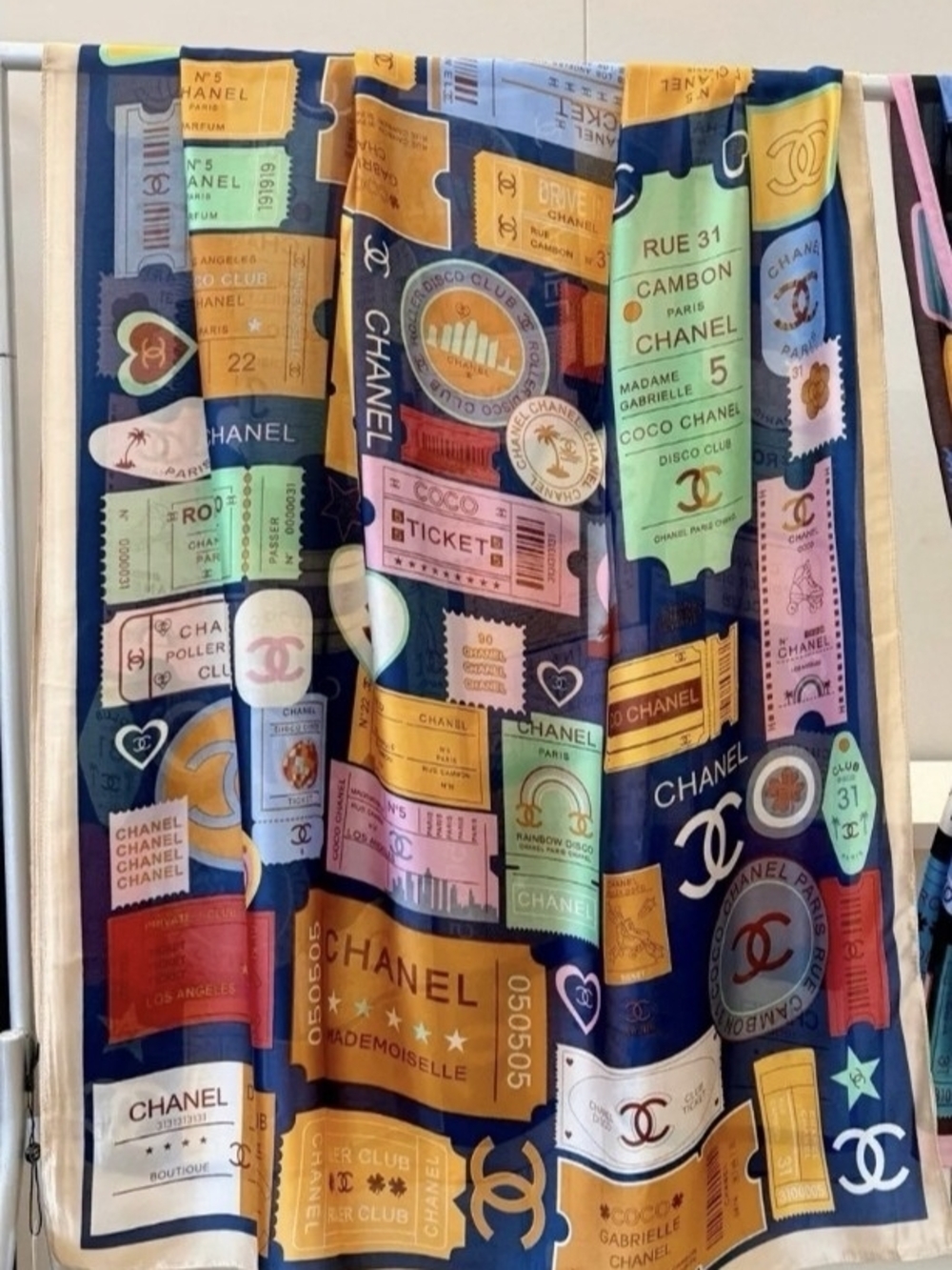 Multicolor Ticket-Print Silk Scarf in Navy